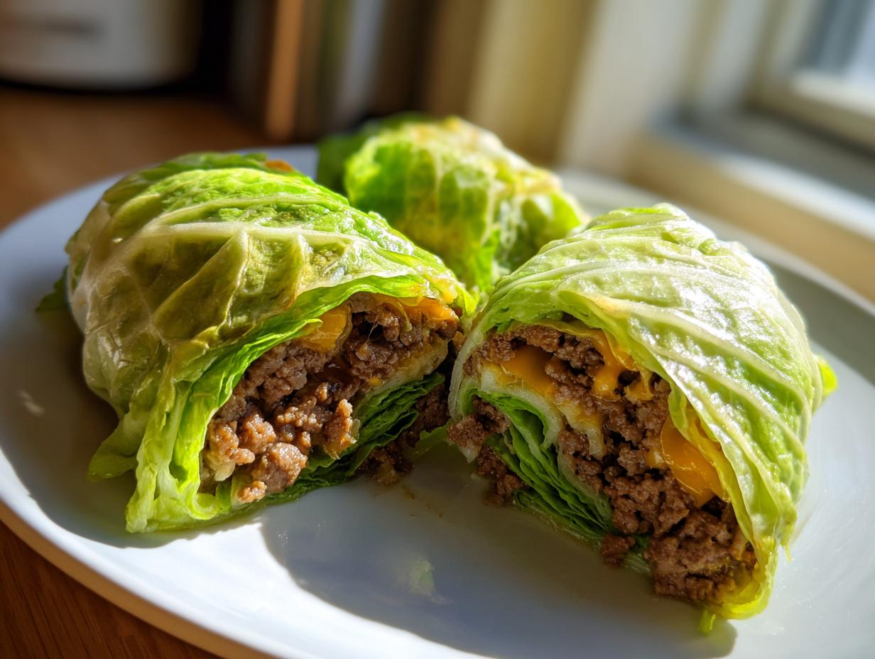 Angeschnittene Low Carb Big Mac Rolle, gefüllt mit Hackfleisch und Käse, umwickelt mit Kohlblatt.