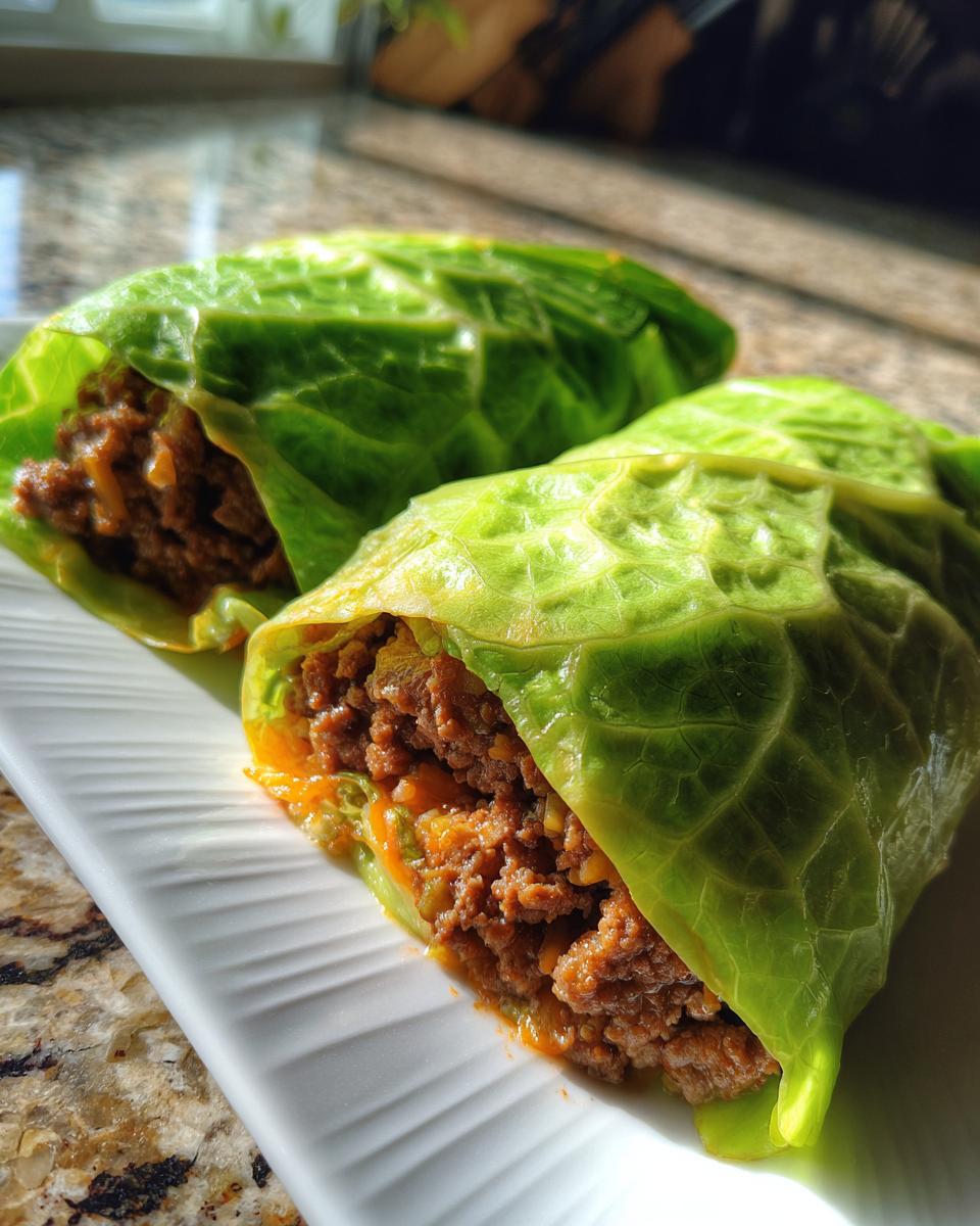 Zwei Low Carb Big Mac Rollen gefüllt mit Hackfleisch und Käse, umwickelt in frischen Salatblättern.