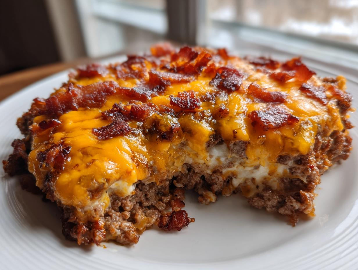 Nahaufnahme eines Stücks Low Carb Cheeseburger-Auflauf mit geschmolzenem Cheddar und knusprigem Speck.
