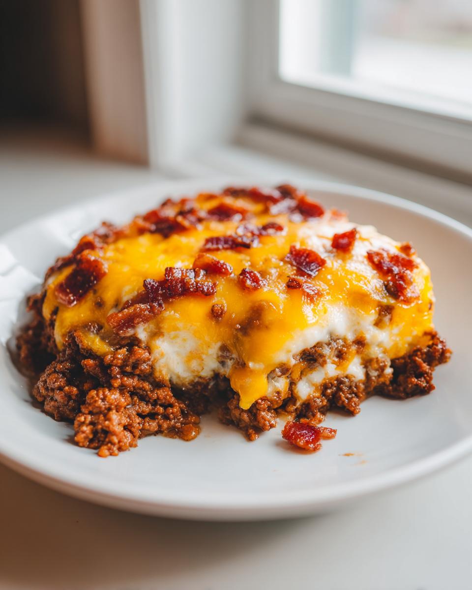 Eine Portion Low Carb Cheeseburger-Auflauf mit geschmolzenem Cheddar und knusprigem Speck auf einem weißen Teller.