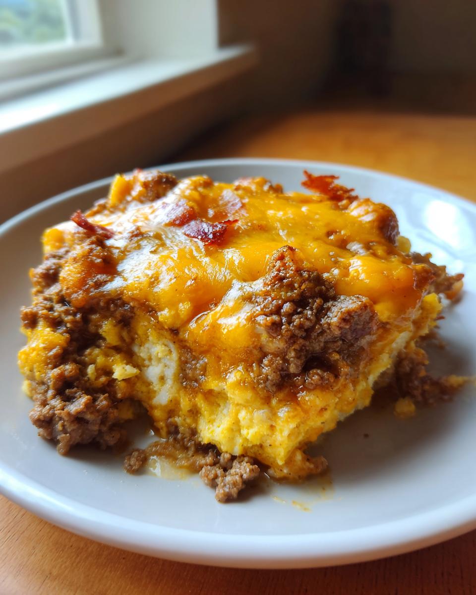 Ein Stück Low Carb Cheeseburger-Auflauf mit geschmolzenem Cheddar und Hackfleisch auf einem weißen Teller.