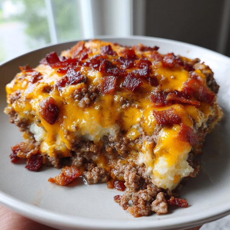 Ein Stück saftiger Low Carb Cheeseburger-Auflauf mit geschmolzenem Cheddar und knusprigem Speck.