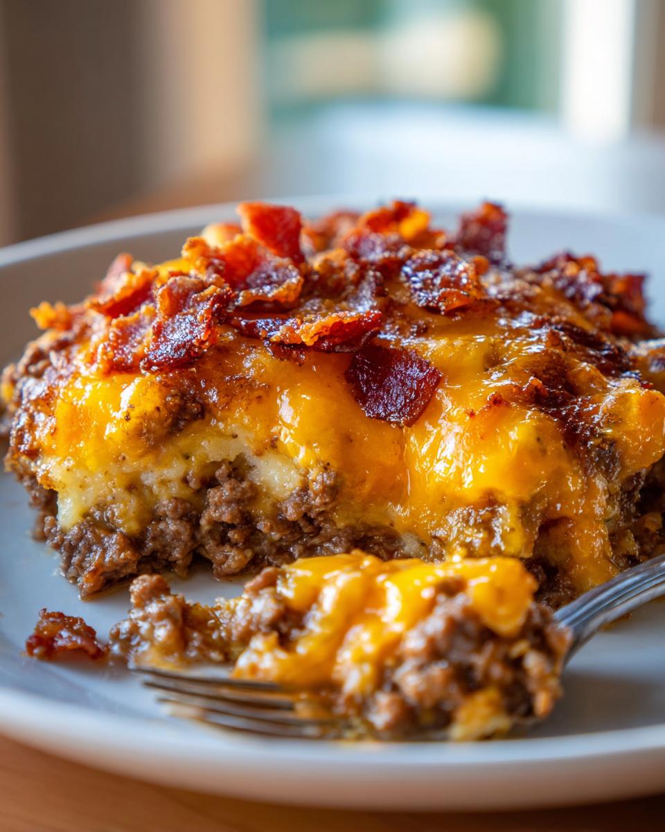 Ein Stück Low Carb Cheeseburger-Auflauf mit geschmolzenem Käse und knusprigem Speck auf einem Teller.