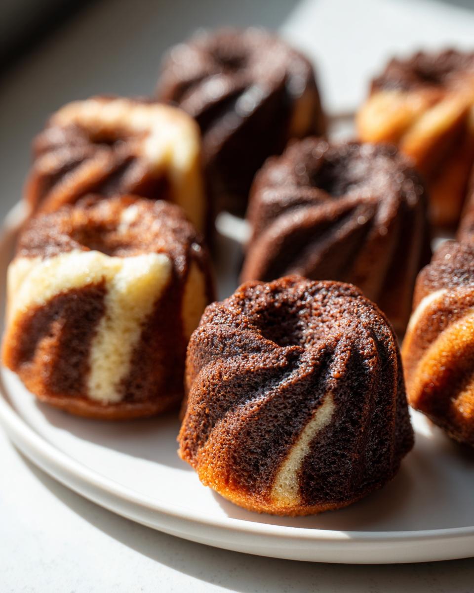 Nahaufnahme von mehreren saftigen Mini-Marmor-Gugelhupfe aus der Silikonform auf einem hellen Teller.