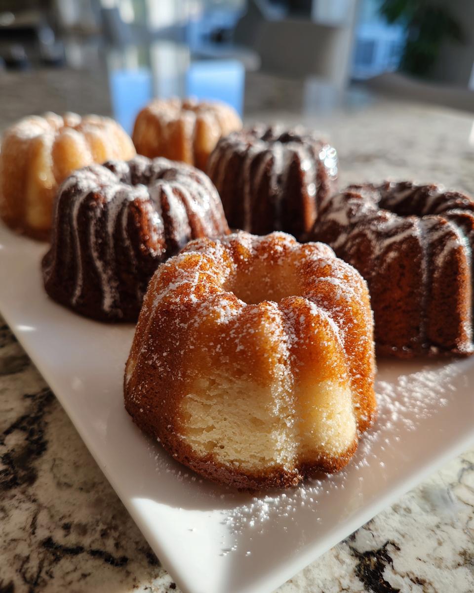 Mehrere fertige Mini-Marmor-Gugelhupfe aus der Silikonform, bestäubt mit Puderzucker auf einem weißen Teller.