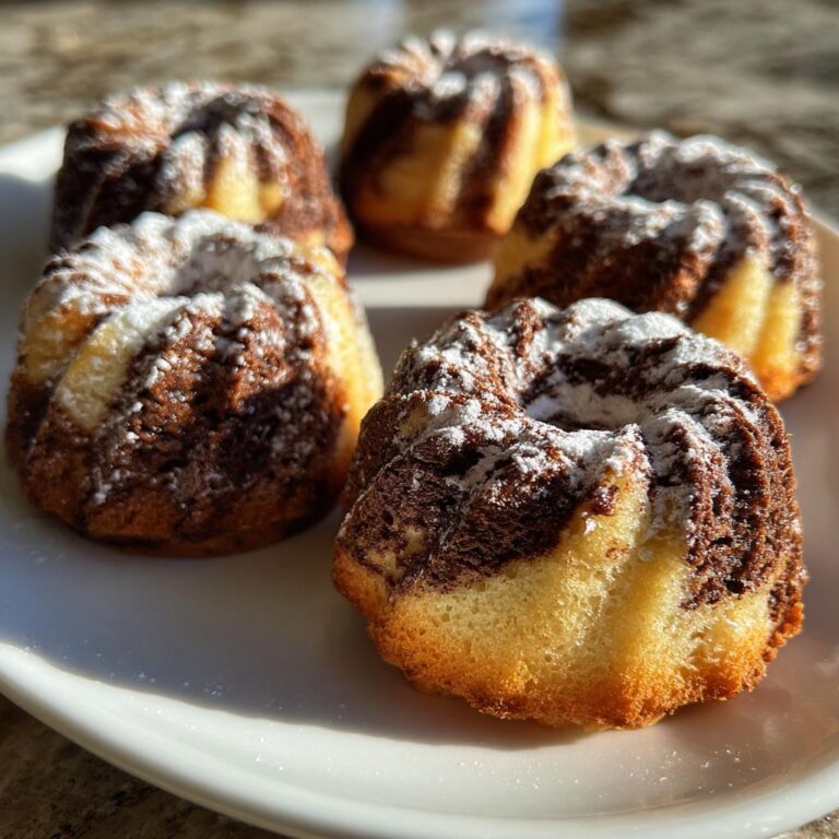 Fünf frisch gebackene Mini-Marmor-Gugelhupfe aus der Silikonform, bestäubt mit Puderzucker, auf einem weißen Teller.