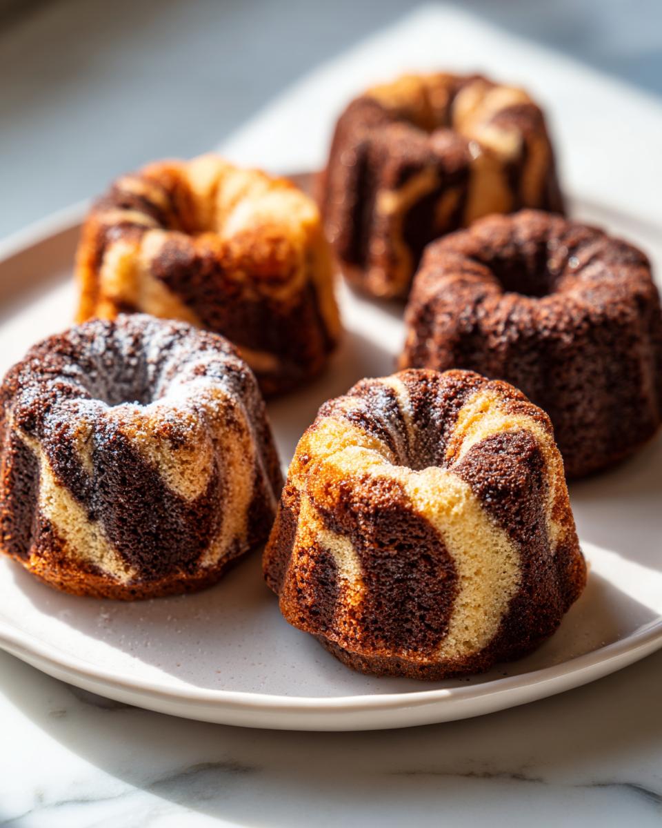 Fünf frisch gebackene Mini-Marmor-Gugelhupfe, teilweise mit Puderzucker bestäubt, auf einem hellen Teller.