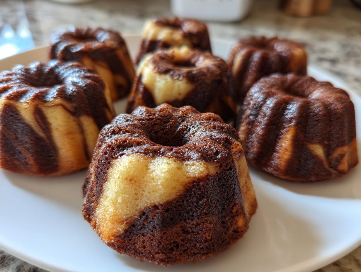 Eine Gruppe frisch gebackener Mini-Marmor-Gugelhupfe mit deutlicher Marmorierung auf einem weißen Teller.