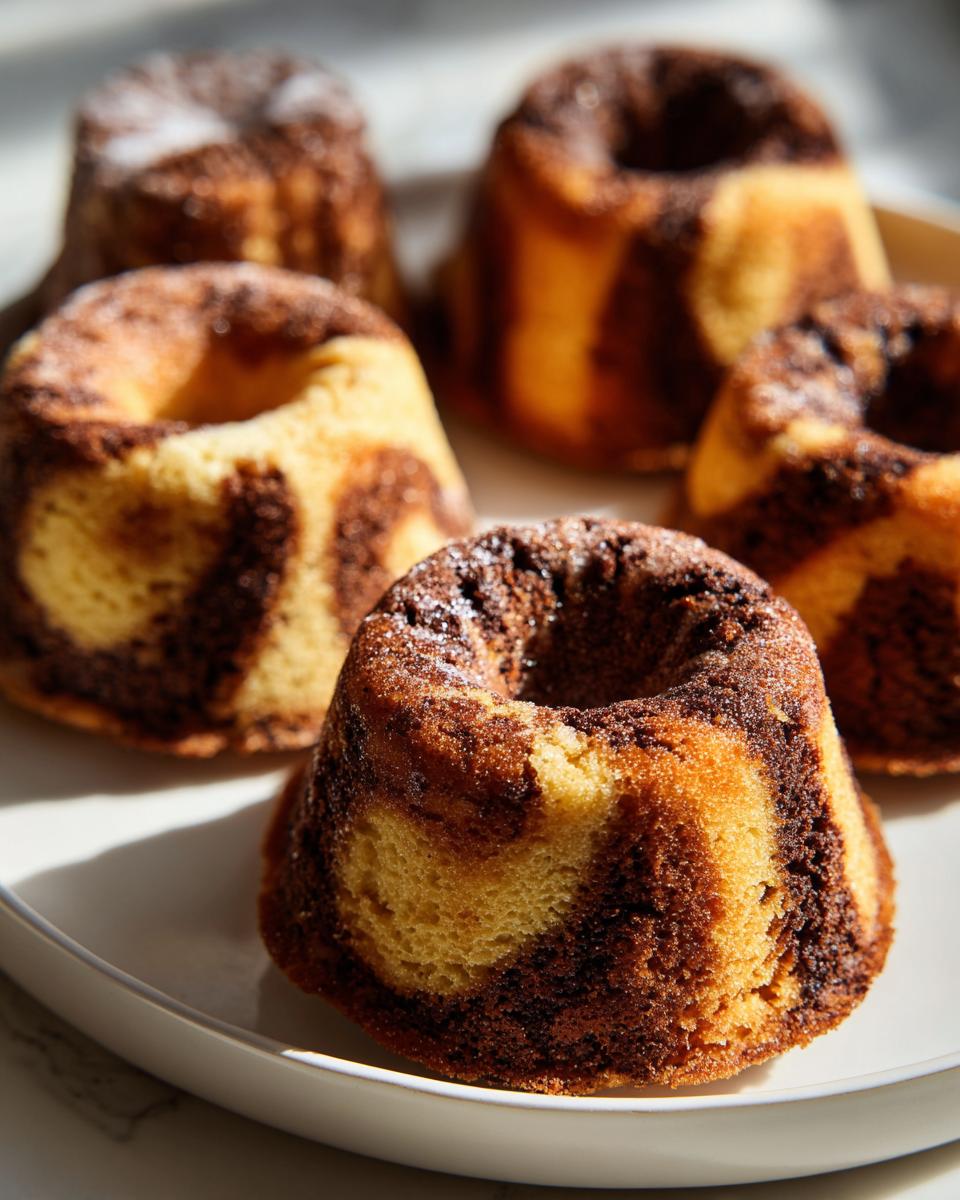 Fünf goldbraune Mini-Marmor-Gugelhupfe aus der Silikonform, leicht mit Puderzucker bestäubt, auf einem weißen Teller.