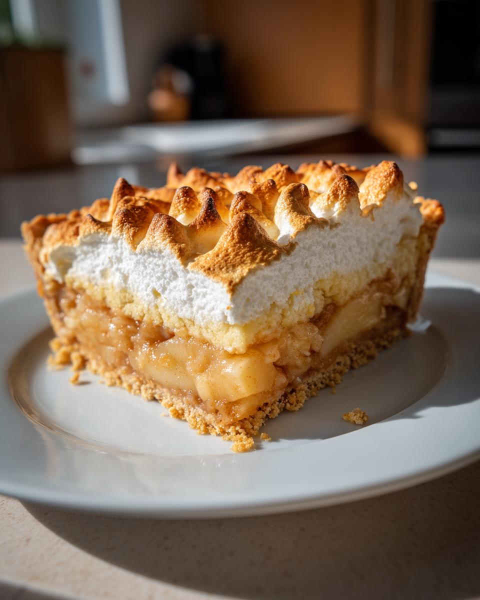 Ein großes Stück Nach diesem Apfel-Baiser-Torte mit karamellisierten Äpfeln und goldbraun gebackener Baiserhaube.