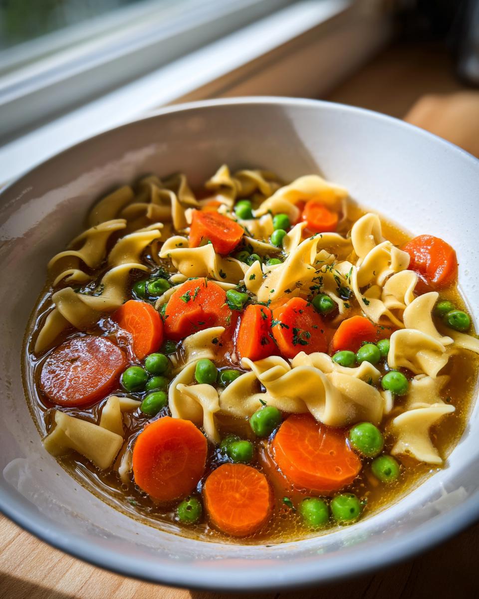 Nahaufnahme einer Schüssel Nudelsuppe mit Gemüse, bestehend aus Eiernudeln, dicken Karottenscheiben und grünen Erbsen in klarer Brühe.