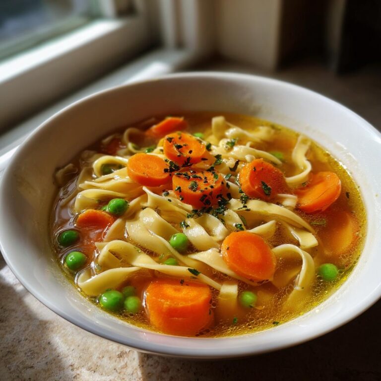 Eine Schüssel Nudelsuppe mit Gemüse, gefüllt mit breiten Eiernudeln, leuchtend orangefarbenen Karottenscheiben und grünen Erbsen.