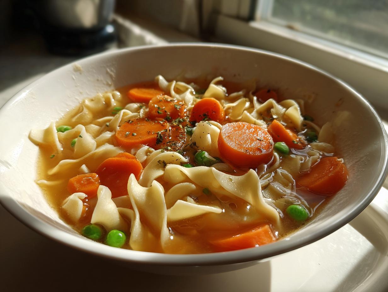 Eine Nahaufnahme einer Schüssel Nudelsuppe mit Gemüse, die breite Eiernudeln, Karottenscheiben und Erbsen in einer klaren Brühe zeigt.