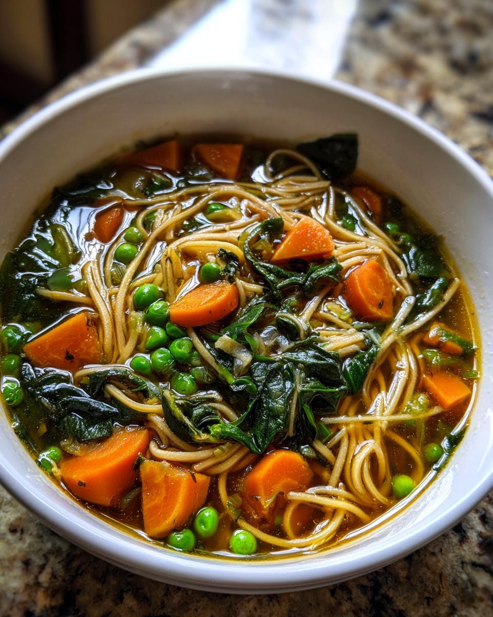 Nahaufnahme einer reichhaltigen Nudelsuppe mit Gemüse, bestehend aus dünnen Nudeln, Karottenscheiben, Erbsen und Spinat in Brühe.
