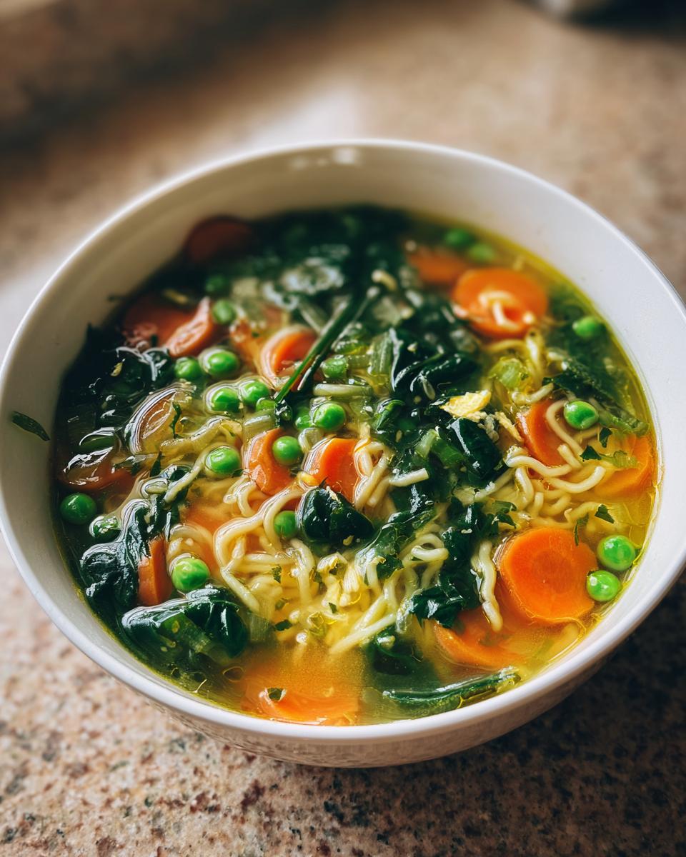 Eine Nahaufnahme einer dampfenden Nudelsuppe mit Gemüse, mit gelben Nudeln, Karottenscheiben und Erbsen in einer weißen Schüssel.