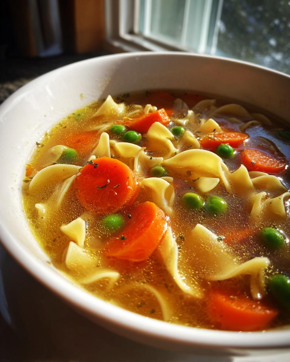 Nahaufnahme einer dampfenden Schüssel Nudelsuppe mit Gemüse, bestehend aus Eiernudeln, Karottenscheiben und Erbsen in klarer Brühe.