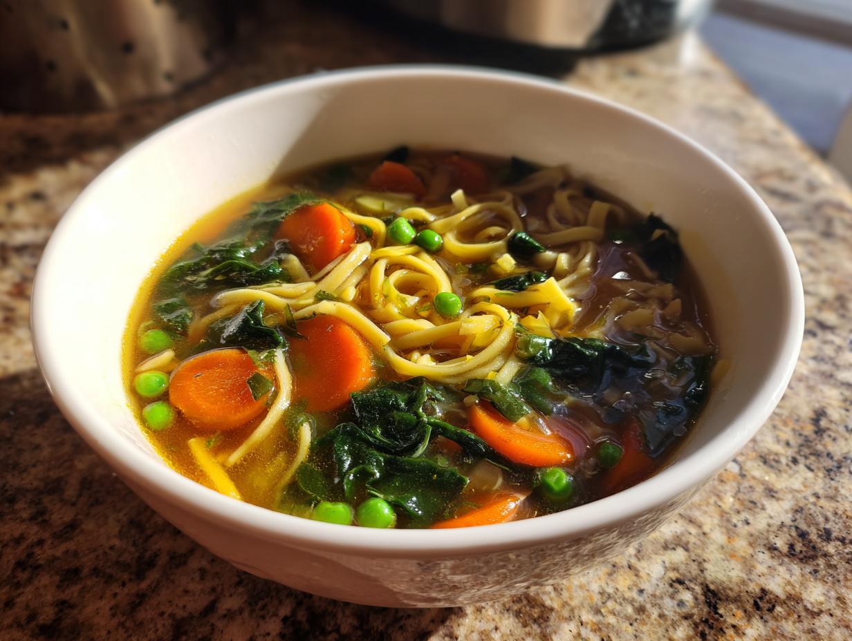 Nahaufnahme einer weißen Schüssel mit heißer Nudelsuppe mit Gemüse, Karotten und Erbsen.