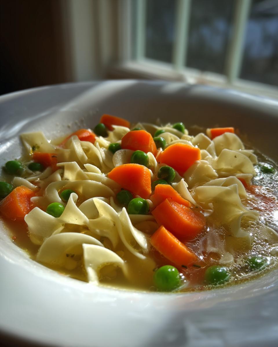 Nahaufnahme einer Schüssel Nudelsuppe mit Gemüse, bestehend aus Eiernudeln, Karottenstücken und Erbsen in Brühe.
