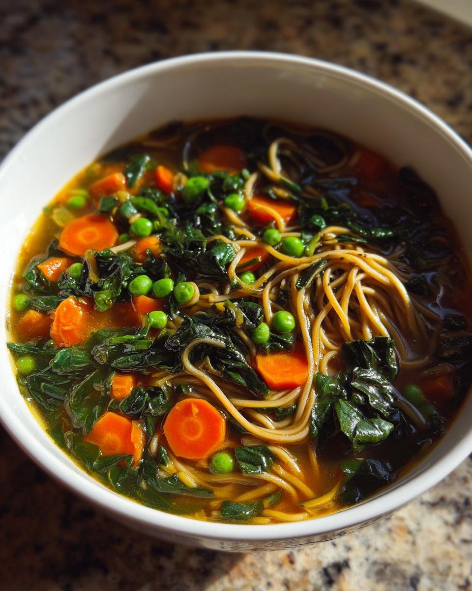 Nahaufnahme einer dampfenden Nudelsuppe mit Gemüse, bestehend aus Nudeln, Karottenscheiben, Erbsen und dunklem Blattgemüse.