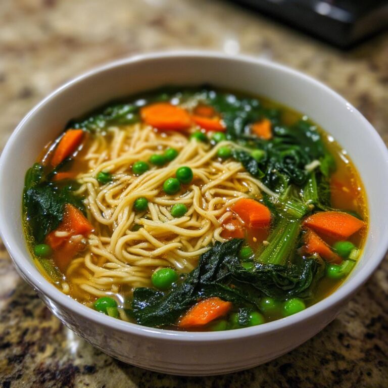 Eine Schüssel dampfender Nudelsuppe mit Gemüse, bestehend aus Nudeln, Karottenscheiben, Erbsen und grünem Blattgemüse.