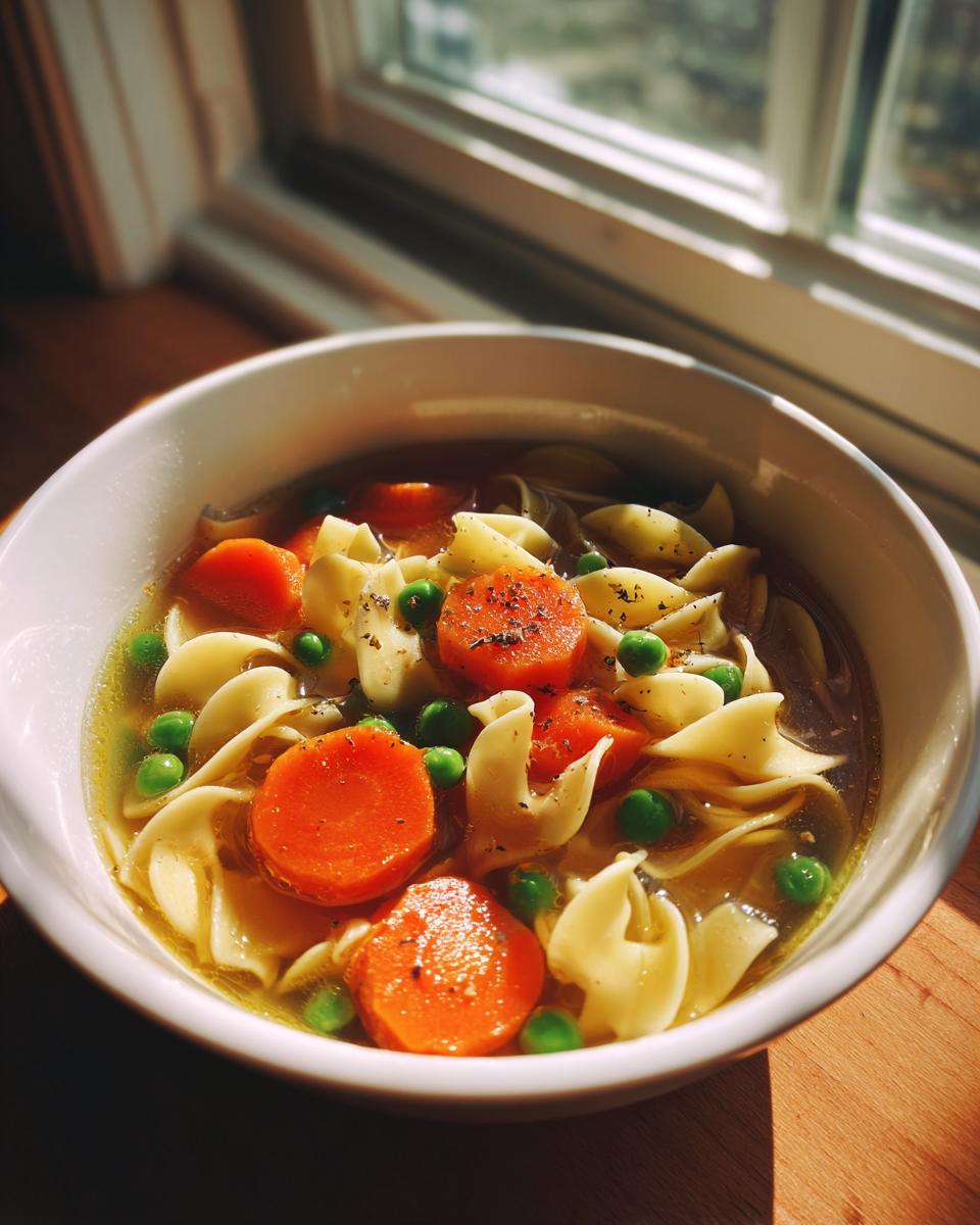 Eine Schüssel Nudelsuppe mit Gemüse, gefüllt mit Bandnudeln, Karottenscheiben und Erbsen in klarer Brühe.