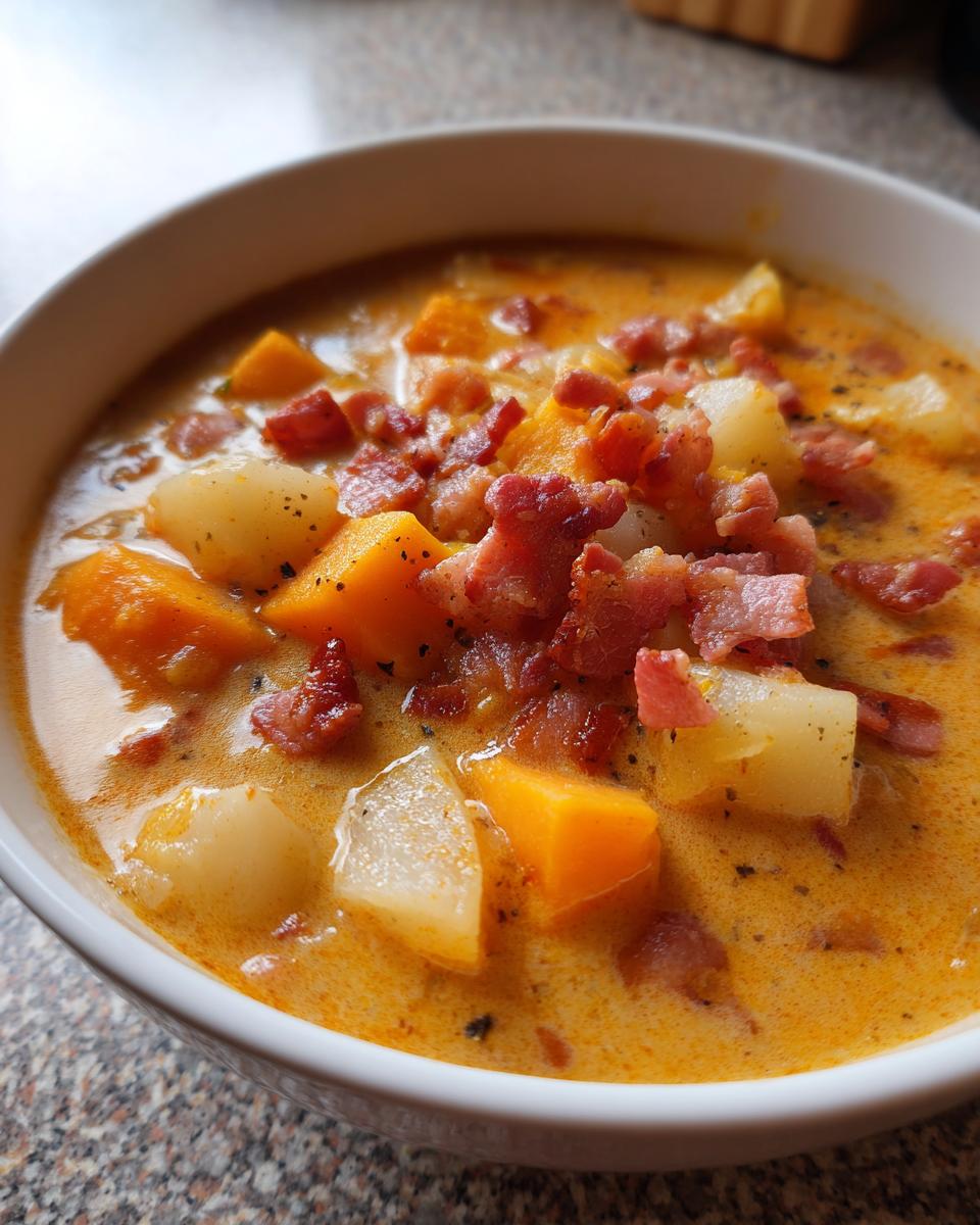 Nahaufnahme von Omas leckerer Steckrüben Eintopf, cremig und garniert mit knusprigem Speck.