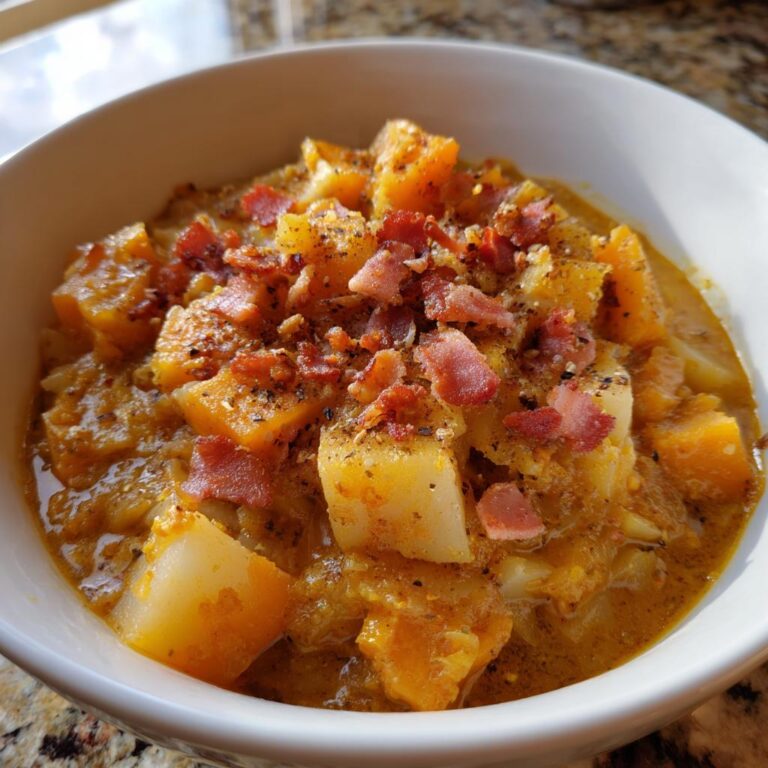 Nahaufnahme von Omas leckerer Steckrüben Eintopf in einer weißen Schüssel, bedeckt mit Speckwürfeln und Pfeffer.