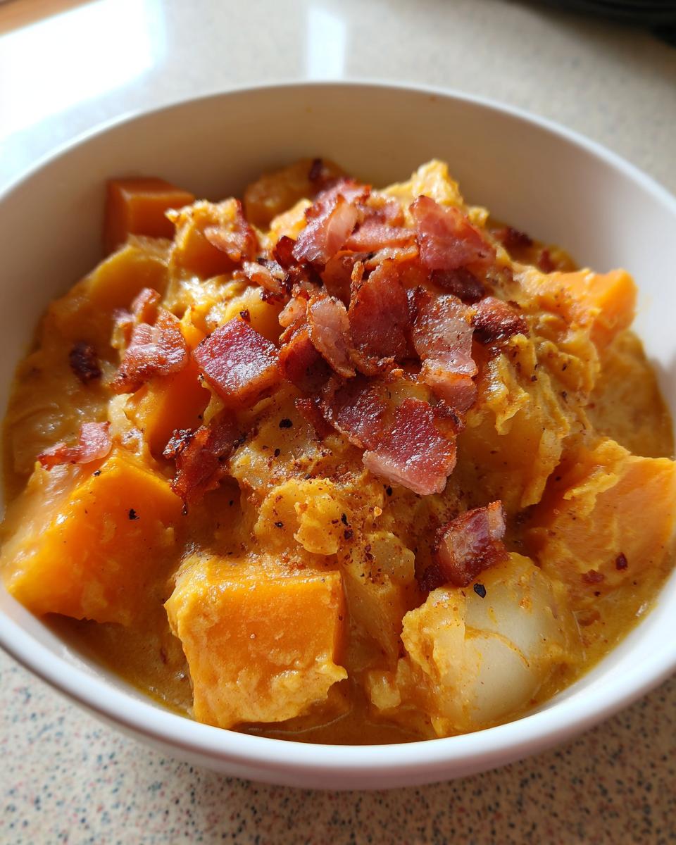 Nahaufnahme von Omas leckerer Steckrüben Eintopf in einer weißen Schüssel, bedeckt mit knusprigem Speck.