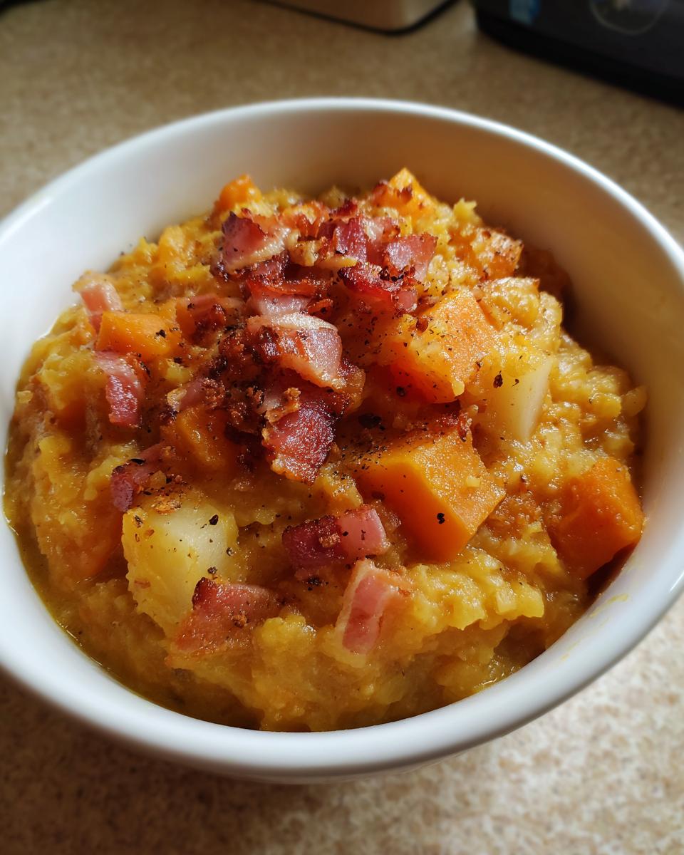 Nahaufnahme von Omas leckerer Steckrüben Eintopf in einer weißen Schüssel, garniert mit knusprigem Speck.