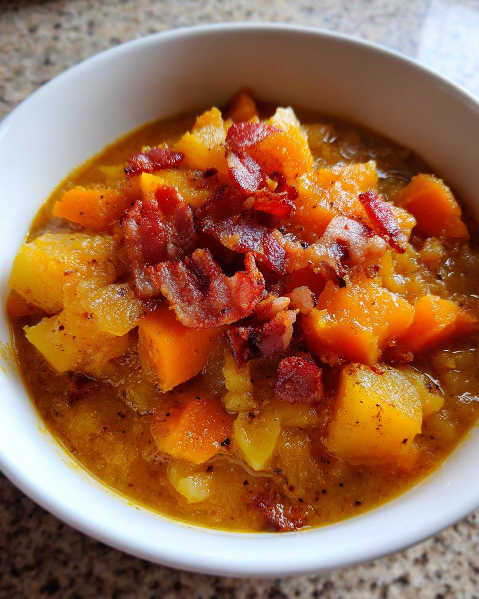 Nahaufnahme von Omas leckerer Steckrüben Eintopf in einer weißen Schüssel, garniert mit knusprigem Speck.