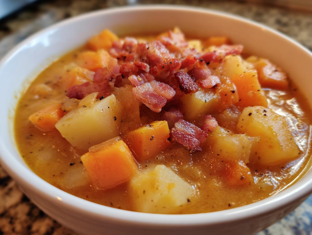 Nahaufnahme von Omas leckerer Steckrüben Eintopf mit Kartoffelstücken und knusprigem Speck.