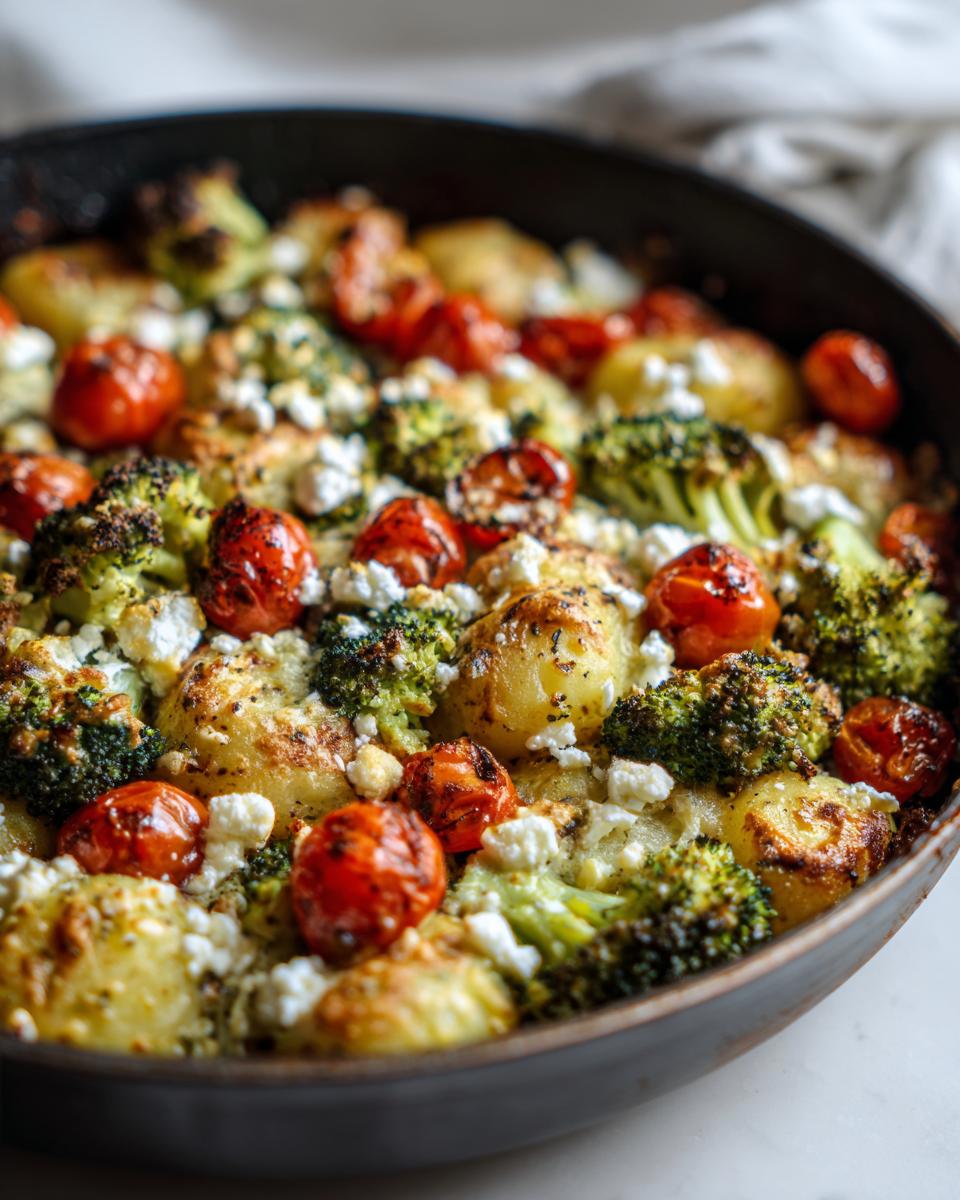 Nahaufnahme des fertigen Onepan Brokkoli Schupfnudeln mit Hirtenkäse und gerösteten Tomaten in einer dunklen Pfanne.