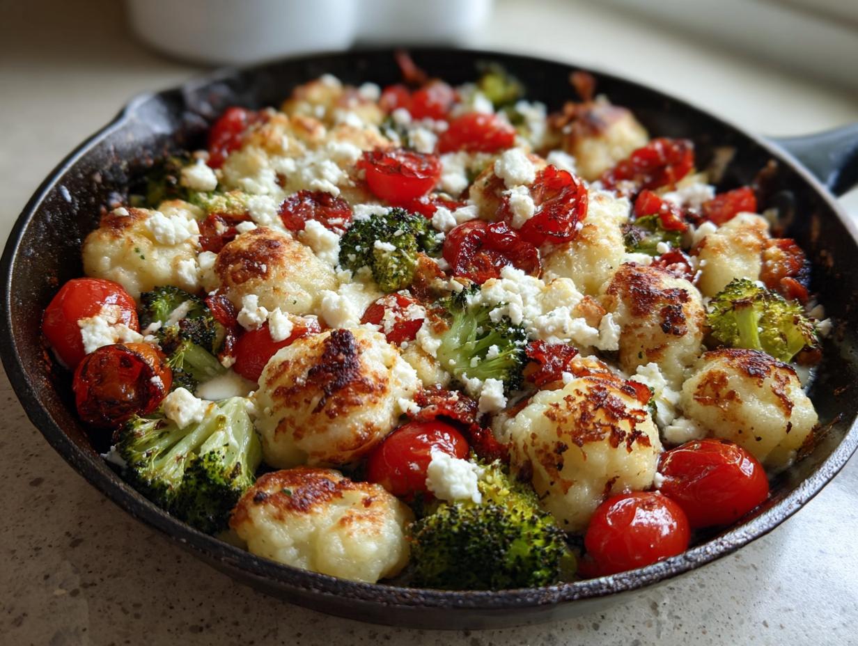 Fertiges Gericht aus Onepan Brokkoli Schupfnudeln mit Hirtenkäse und gebratenen Kirschtomaten in einer gusseisernen Pfanne.
