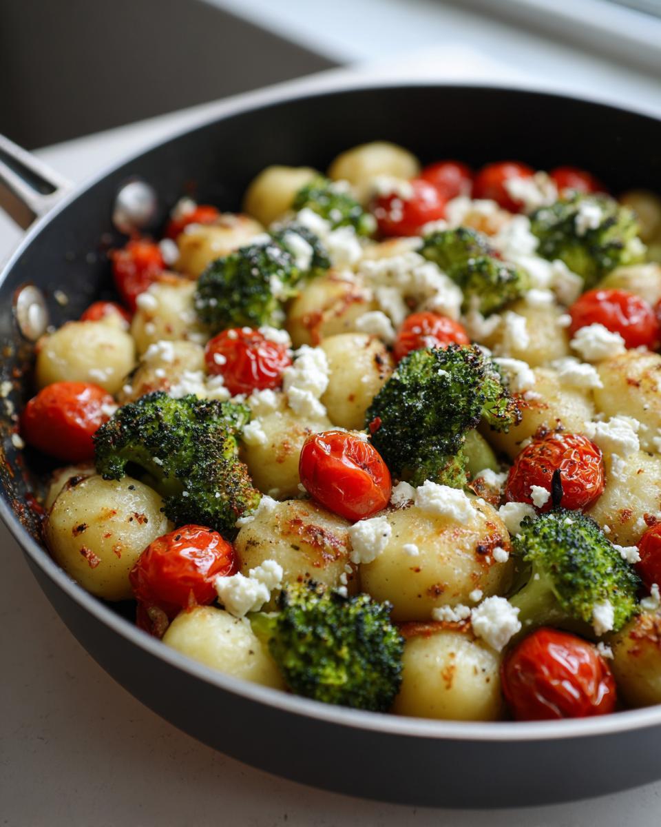 Nahaufnahme von Onepan Brokkoli Schupfnudeln mit Hirtenkäse und Kirschtomaten in einer dunklen Pfanne.
