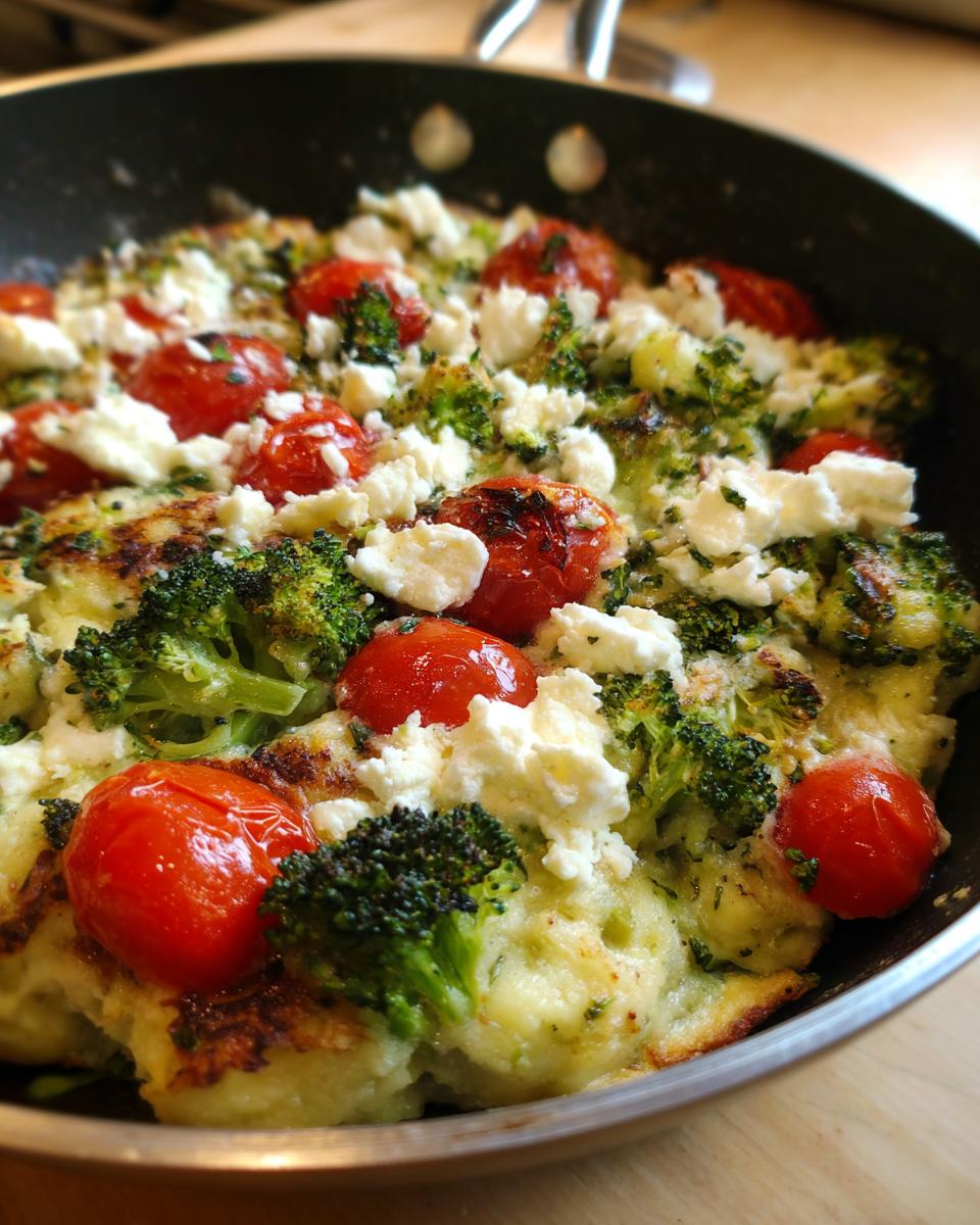 Nahaufnahme von Onepan Brokkoli Schupfnudeln mit Hirtenkäse und geplatzten Kirschtomaten direkt in der Pfanne.