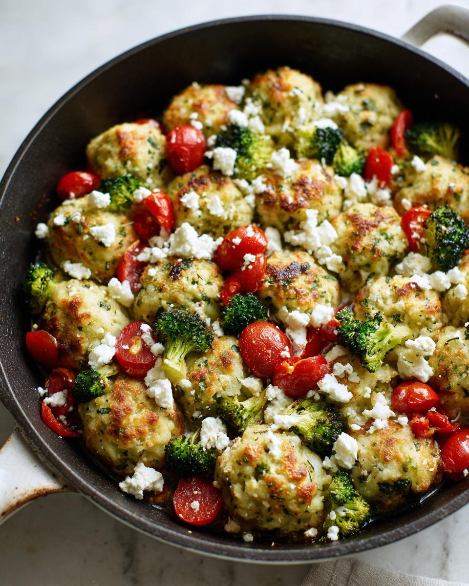 Nahaufnahme von goldbraunen Onepan Brokkoli Schupfnudeln mit Brokkoli, Kirschtomaten und zerbröseltem Hirtenkäse in einer Pfanne.