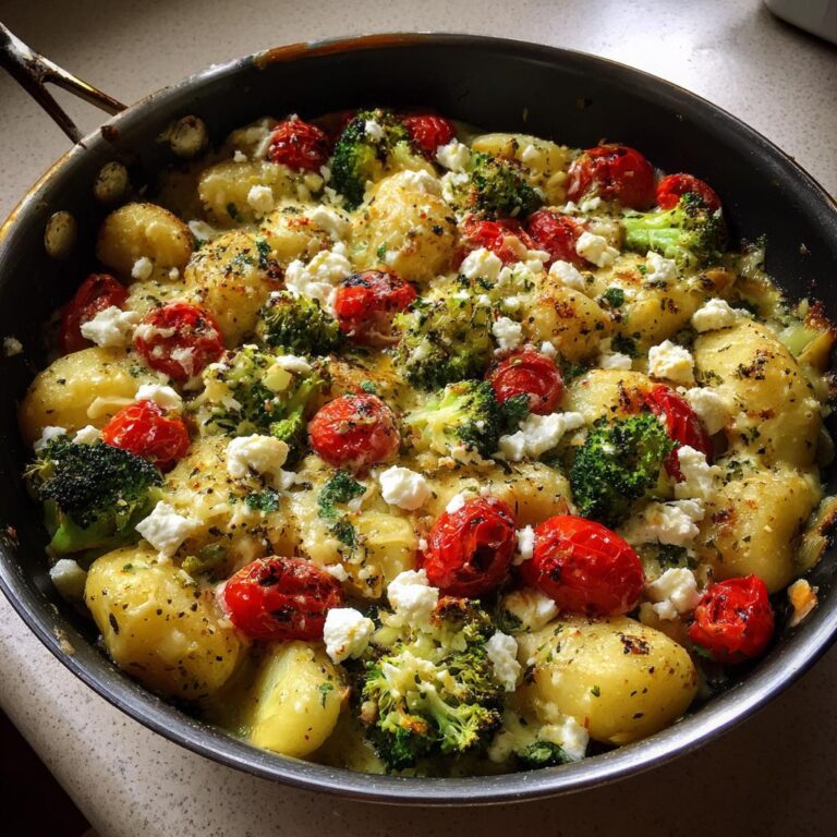 Nahaufnahme eines Onepan Brokkoli Schupfnudeln mit Hirtenkäse Gericht in einer Pfanne, garniert mit Kirschtomaten.