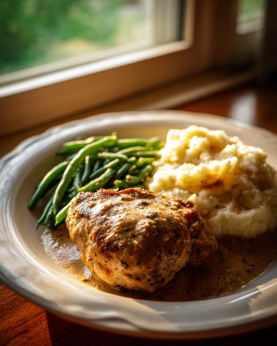 Teller mit Parmesan Butter Hähnchen, cremigem Kartoffelpüree und grünen Bohnen.