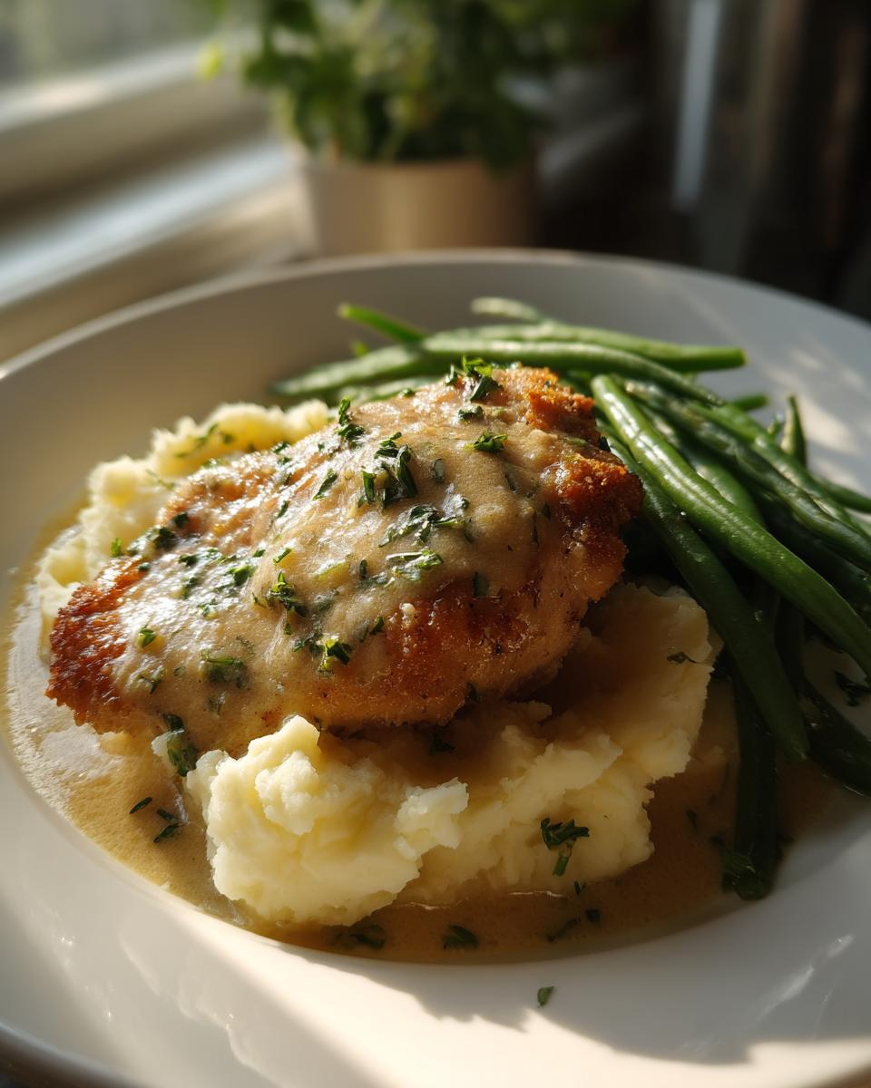 Gebratenes Parmesan Butter Hähnchen auf Kartoffelpüree mit grünen Bohnen und Kräutersauce.