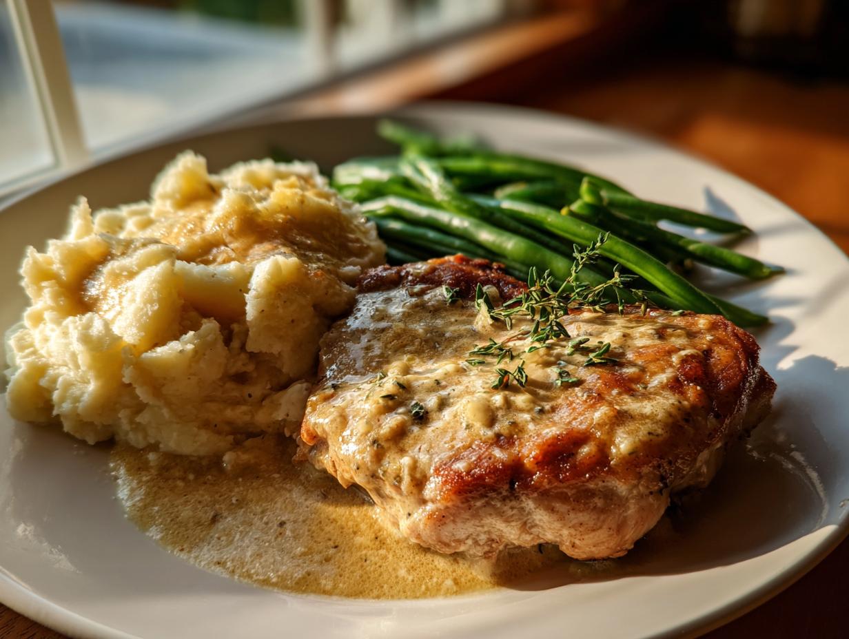 Teller mit Parmesan Butter Hähnchen, cremigem Kartoffelpüree und grünen Bohnen.