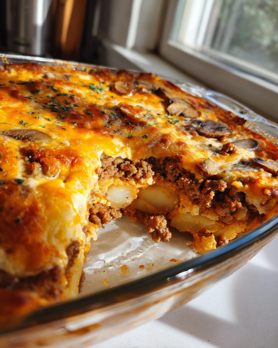 Ein angeschnittener Party Pfundstopf aus dem Ofen mit Hackfleisch, Kartoffeln und goldbraunem Käse überbacken.