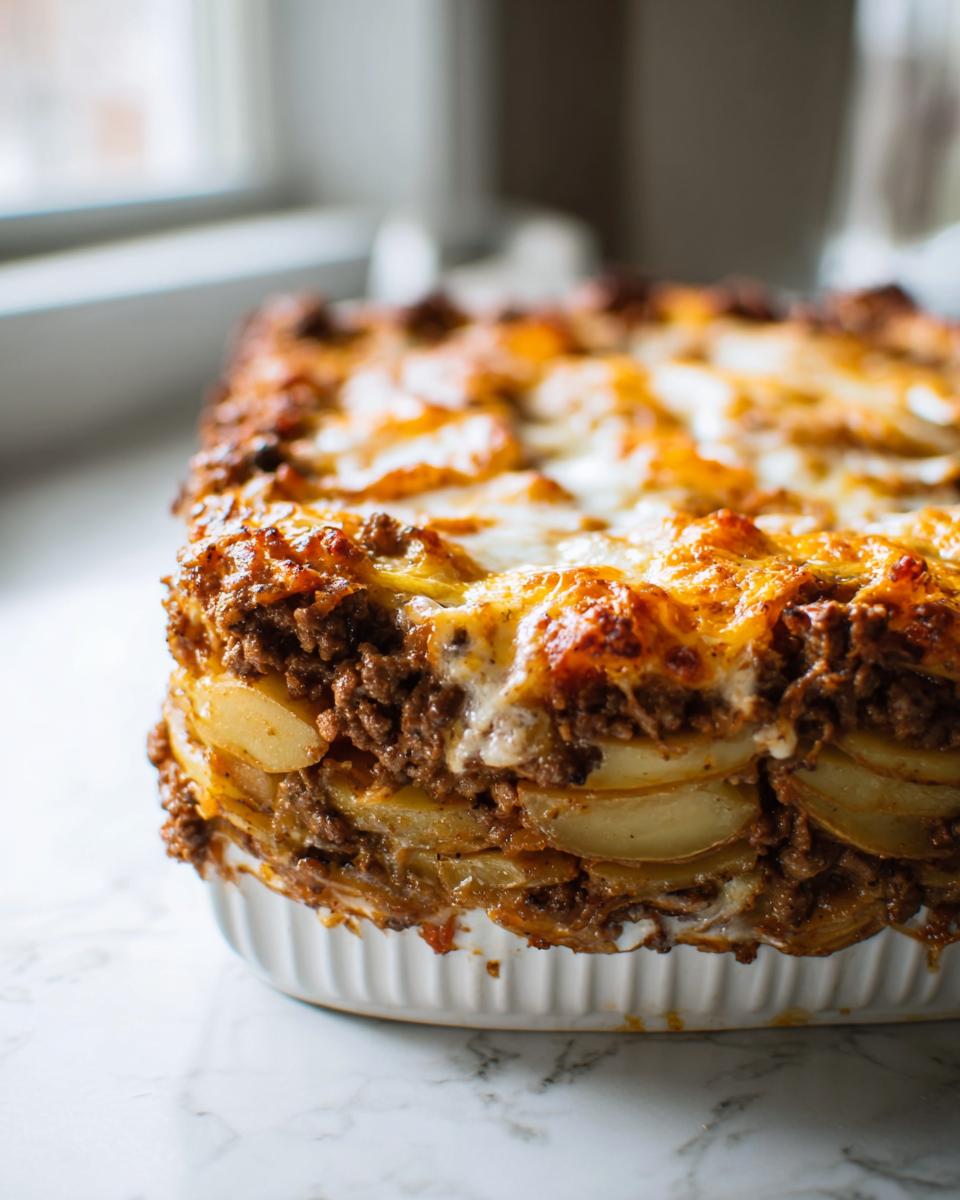 Nahaufnahme eines gebackenen Party Pfundstopf aus dem Ofen mit geschichteten Kartoffeln und Hackfleisch.