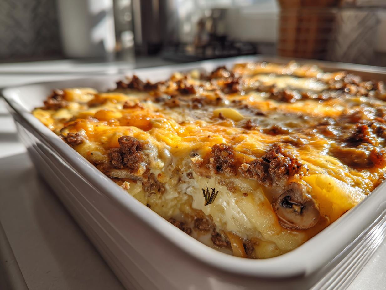 Nahaufnahme des gebackenen Party Pfundstopf aus dem Ofen mit goldbrauner Käsekruste in einer weißen Auflaufform.