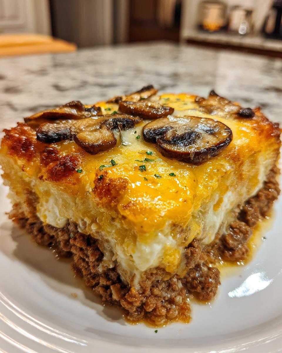 Nahaufnahme eines Stücks Party Pfundstopf aus dem Ofen mit Hackfleischbasis und goldbraun überbackener Käse-Ei-Schicht, belegt mit gebratenen Pilzen.
