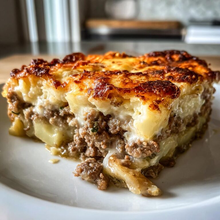 Nahaufnahme eines saftigen Stücks Party Pfundstopf aus dem Ofen mit Hackfleisch und Kartoffeln.