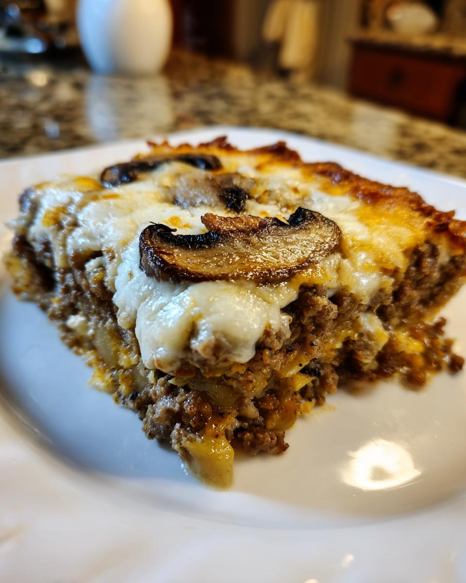 Nahaufnahme eines Stücks Party Pfundstopf aus dem Ofen mit Hackfleisch, Käse und gebratenen Pilzen.