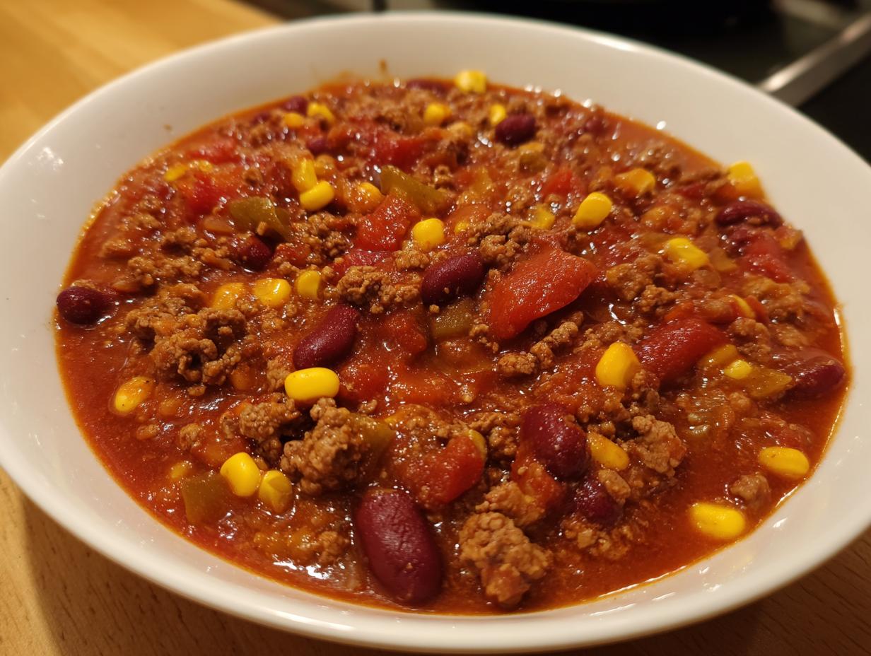 Nahaufnahme eines herzhaften Party Schlemmertopf mit Hackfleisch, Bohnen und Mais in einer weißen Schüssel.