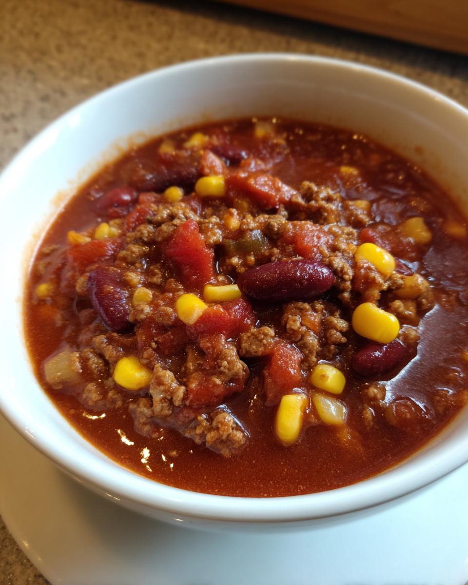 Nahaufnahme eines weißen Topfes gefüllt mit herzhaftem Party Schlemmertopf mit Hackfleisch, Kidneybohnen und Mais in einer roten Sauce.