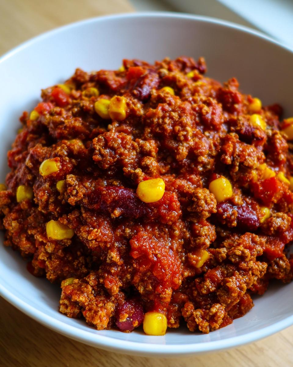 Nahaufnahme des herzhaften Party Schlemmertopf mit Hackfleisch, Bohnen und Mais in einer weißen Schüssel.