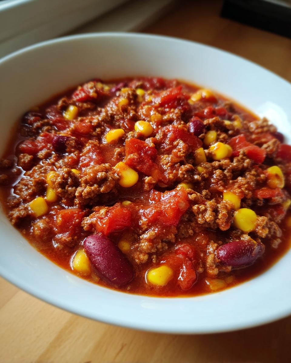 Nahaufnahme eines weißen Tellers gefüllt mit dem herzhaften Party Schlemmertopf mit Hackfleisch, Tomaten, Mais und roten Bohnen.